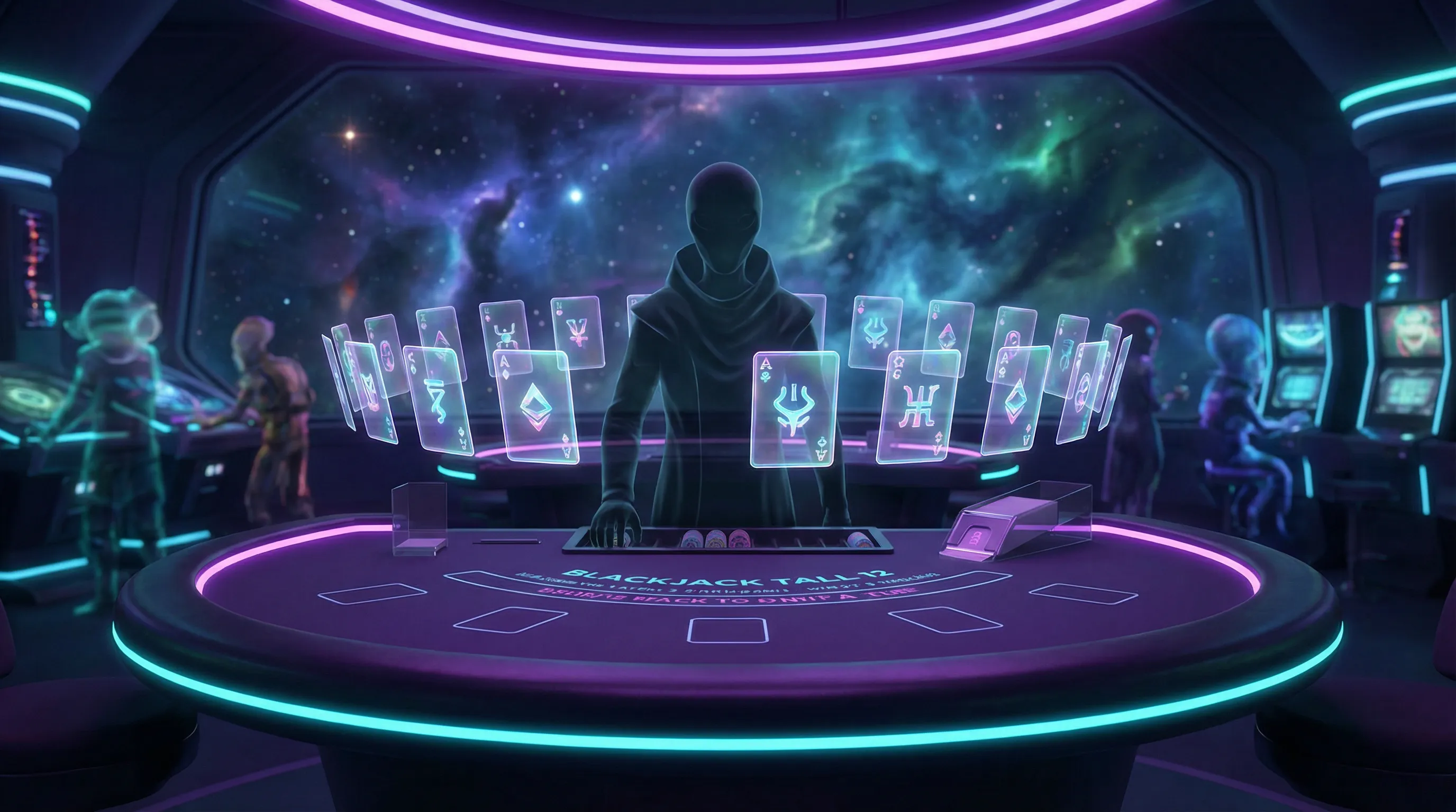Mesa de Blackjack futurista com cartas holográficas